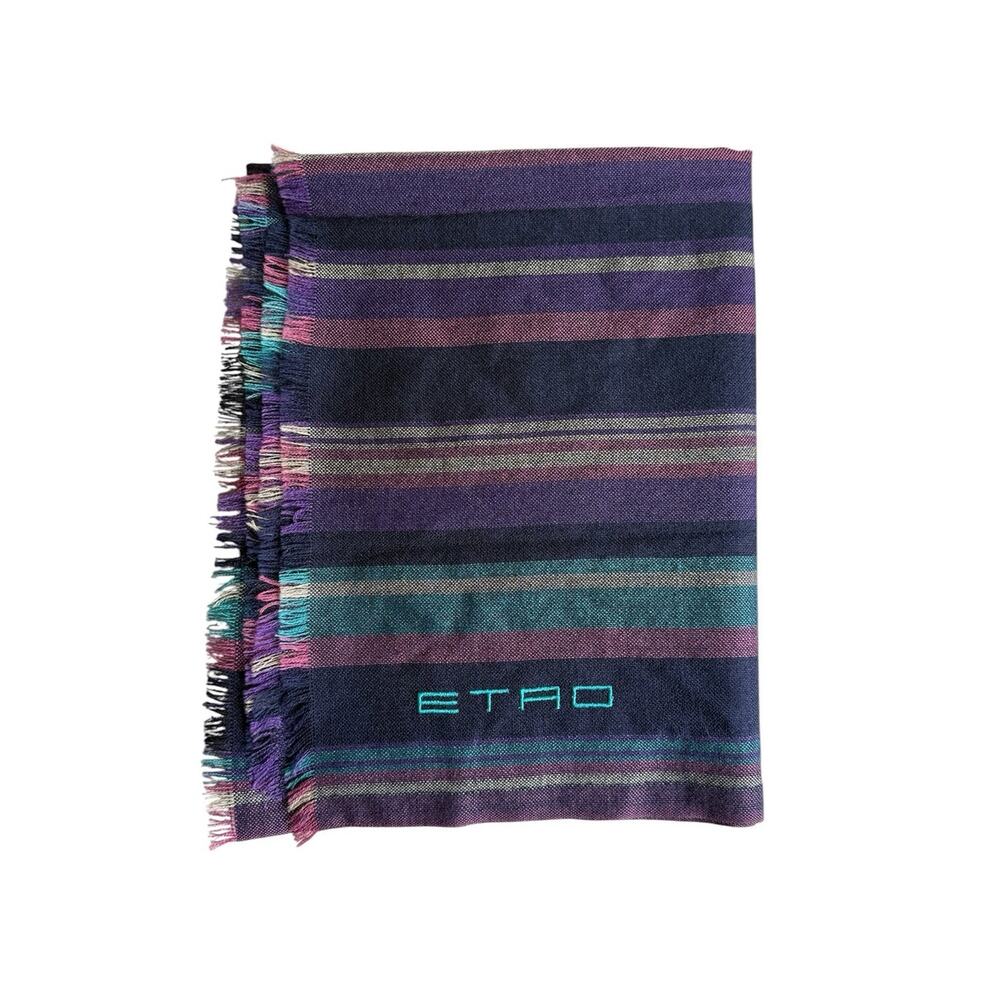 ETRO Italy Striped Scarf Purple Teal Wool Silk Cashmere Fringe Embroidered Logo